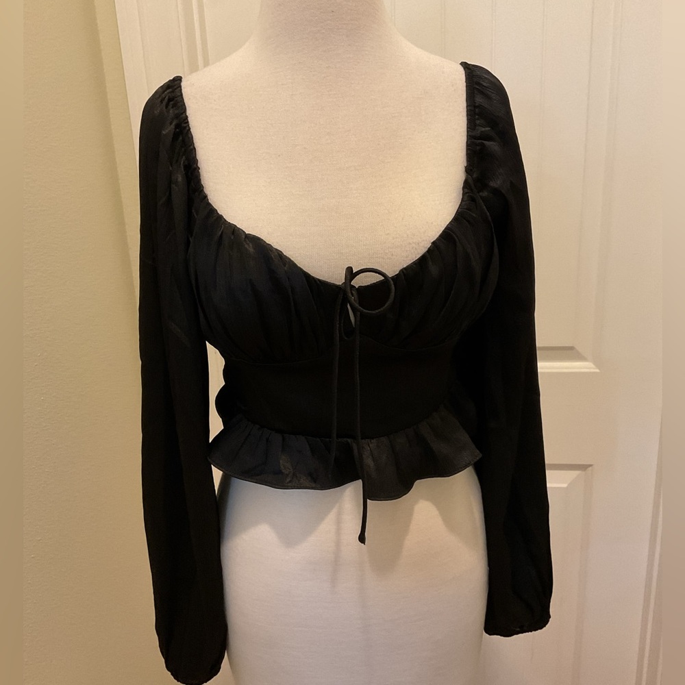 NWT. Lush Black Satin-Look Long Sleeve Crop Top